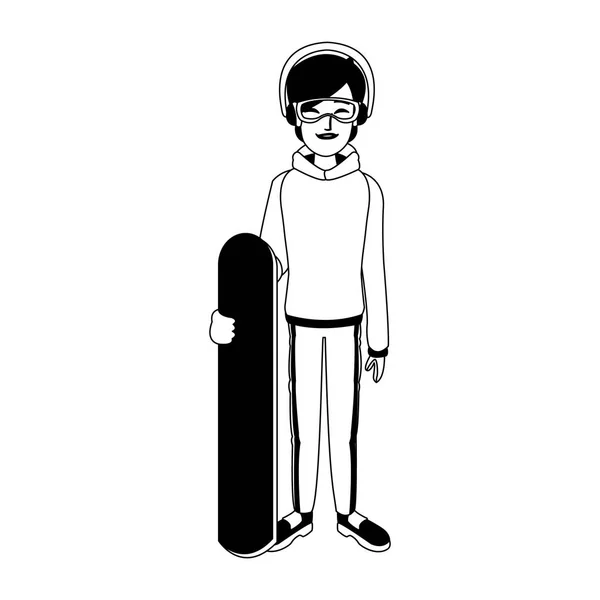 Femme avec snowboard en noir et blanc — Image vectorielle