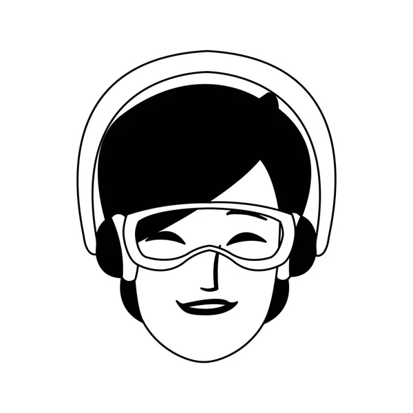 Femme avec googles et écouteurs d'hiver en noir et blanc — Image vectorielle