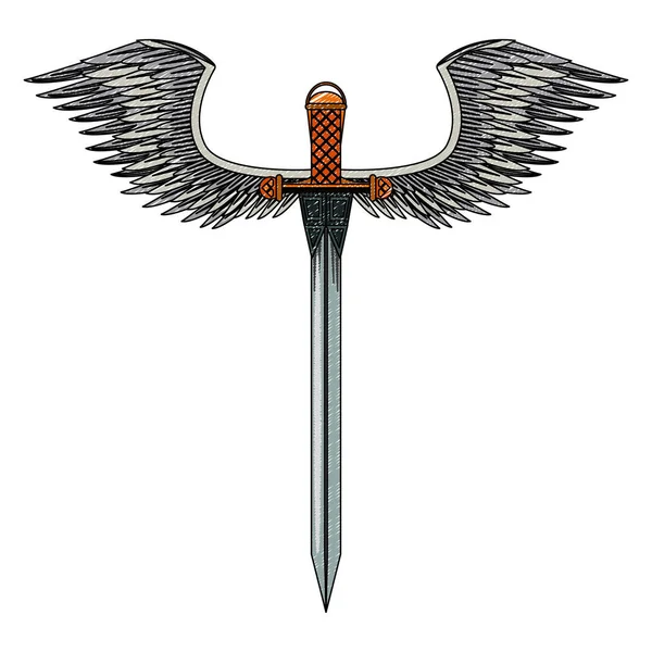 Arme à épée avec des ailes griffonner — Image vectorielle