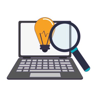 ampul ışık ve Büyüteç Camı mavi çizgiler ile dizüstü bilgisayar