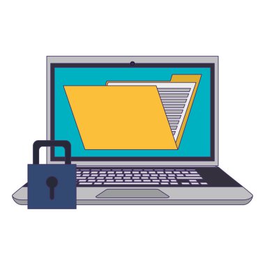 Laptop ile klasör ve asma kilit mavi çizgiler