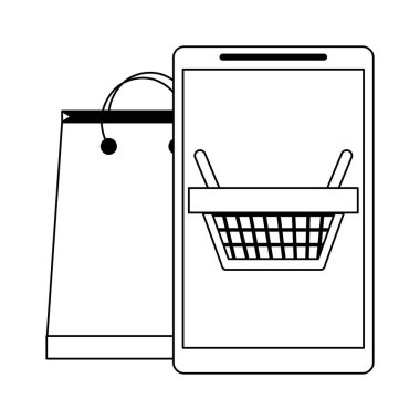 alışveriş sepeti ekran ve siyah beyaz çanta ile smartphone