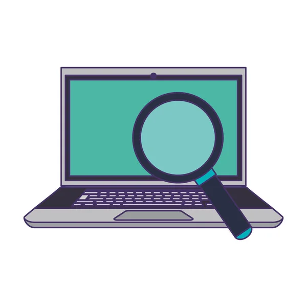 Lupe überprüft Laptop-Computer Blaue Linien — Stockvektor