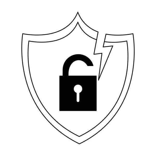 Bouclier avec cadenas sur badge en noir et blanc — Image vectorielle