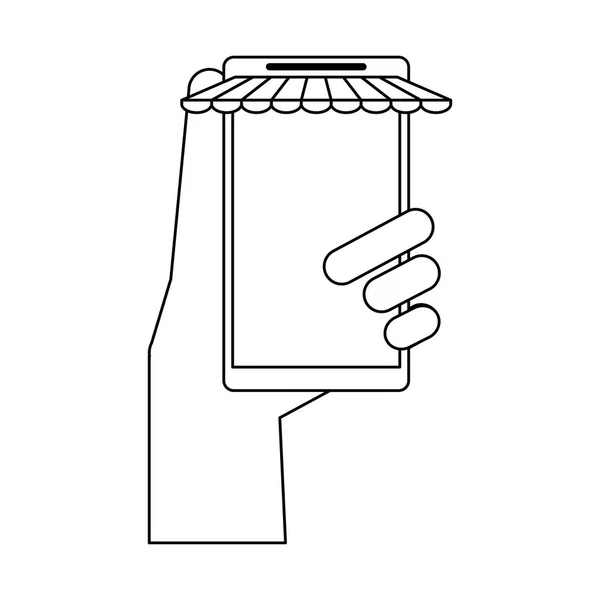 Рука зі смартфоном інтернет-магазин в чорно-білому — стоковий вектор