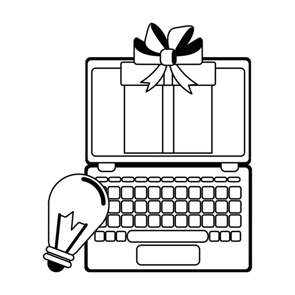 Dizüstü bilgisayar hediye kutusu ve ampul ışık sembol siyah ve beyaz ile — Stok Vektör
