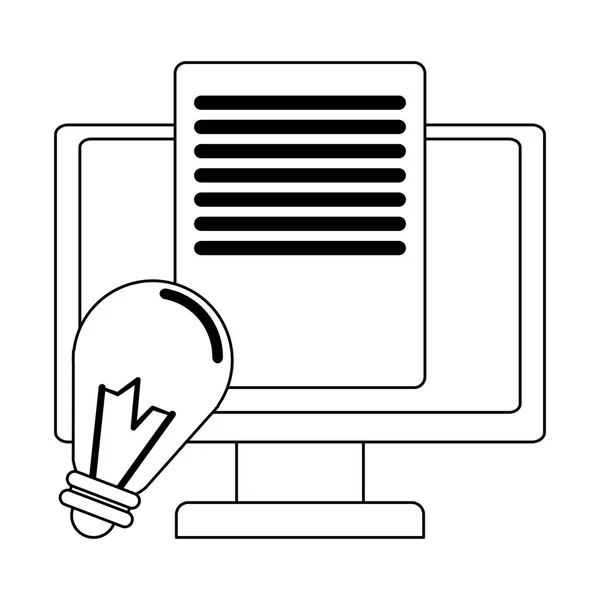 Écran d'ordinateur avec feuille et ampoule en noir et blanc — Image vectorielle