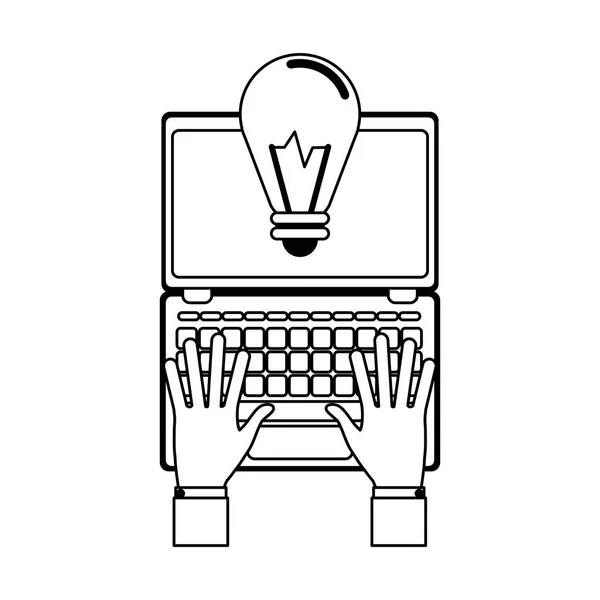 Τα χέρια που χρησιμοποιούν φορητό υπολογιστή με μεγάλη ιδέα σύμβολο σε μαύρο και άσπρο — Διανυσματικό Αρχείο