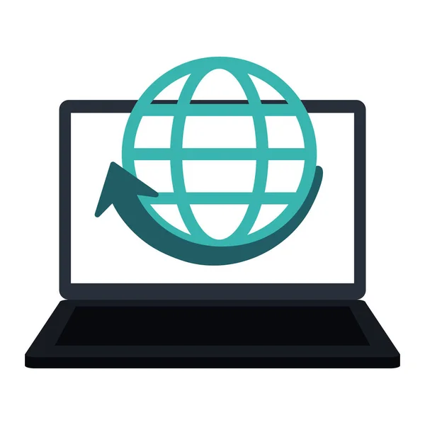 Laptop com esfera global e seta —  Vetores de Stock