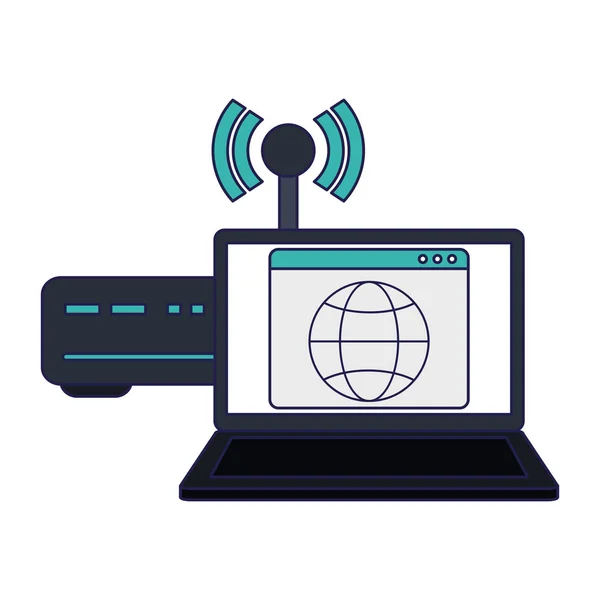 Portatile con router wifi simbolo internet — Vettoriale Stock