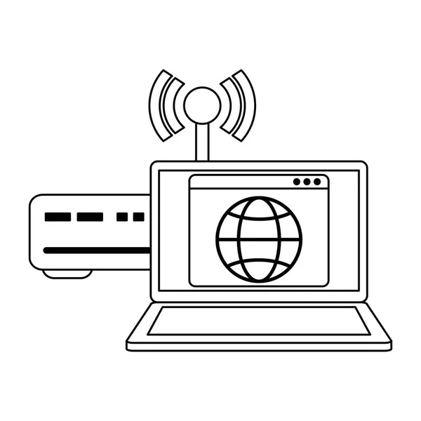 Laptop mit Wifi-Router Internet-Symbol in schwarz-weiß — Stockvektor