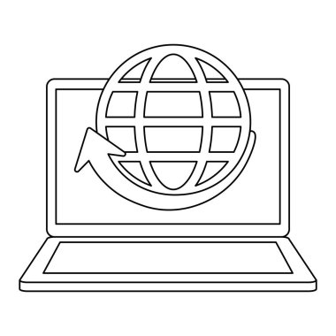 Laptop ile küresel küre ve siyah ve beyaz ok