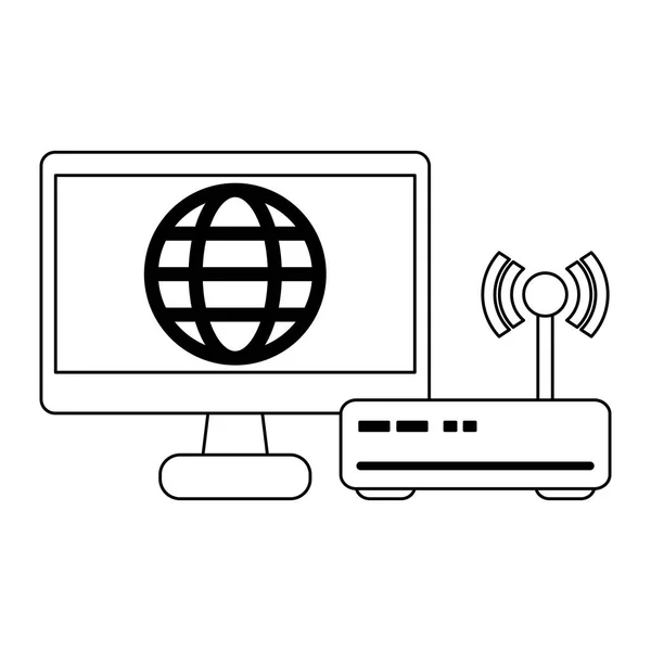 Ecran d'ordinateur avec symbole global en noir et blanc — Image vectorielle