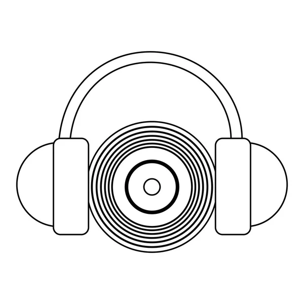 Musik vinyl dengan headphone hitam dan putih - Stok Vektor