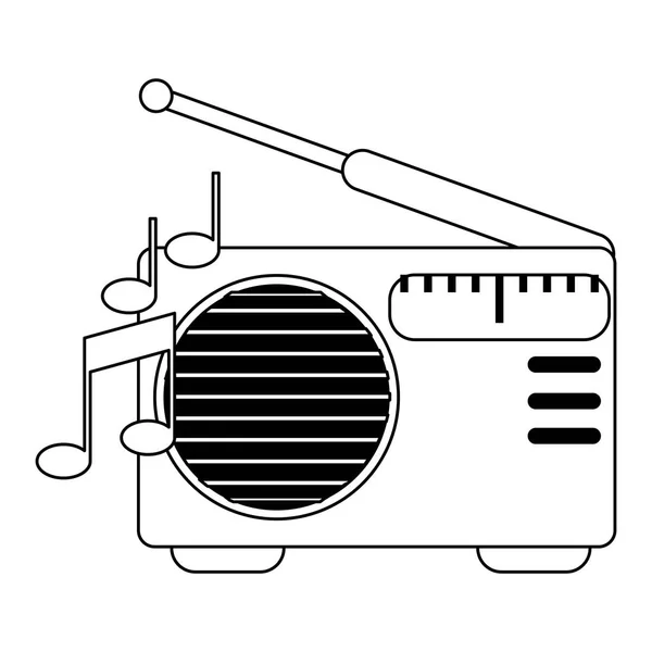 Vecchio stereo radio con note musicali in bianco e nero — Vettoriale Stock