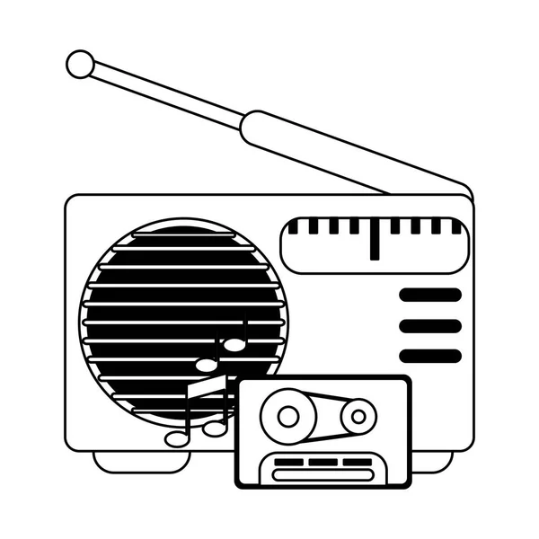 Vieille radio stéréo avec cassette en noir et blanc — Image vectorielle