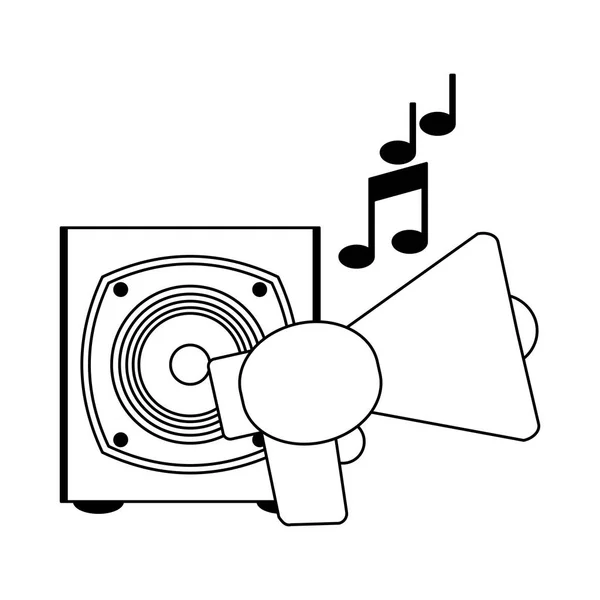 Bullhorn muzyki i głośnik w czerni i bieli — Wektor stockowy