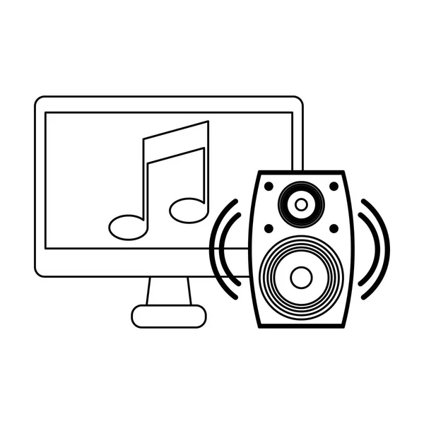 Ordenador con música y altavoz en blanco y negro — Vector de stock