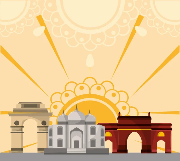 India Travel Culture Monument Buildings Sun Vector Illustration Graphic Design — Stock Vector