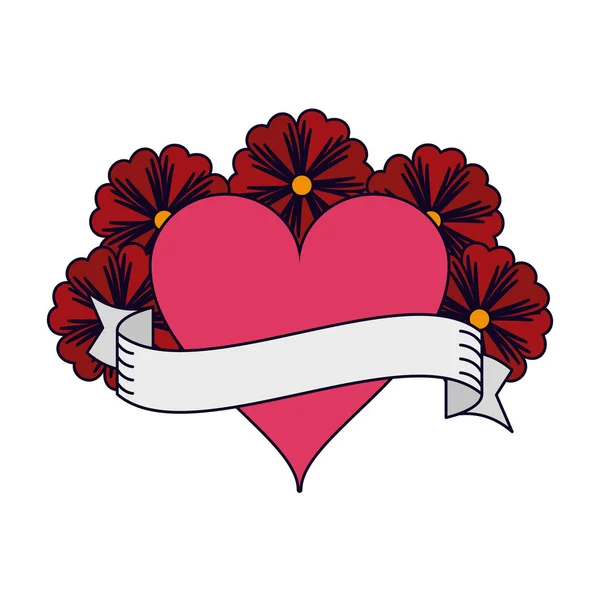 Coração com flores e faixa de fita — Vetor de Stock
