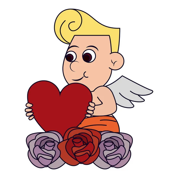 Cupidon avec coeur et fleurs — Image vectorielle