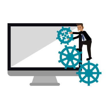 bilgisayar ekranı ile işadamı ve dişliler