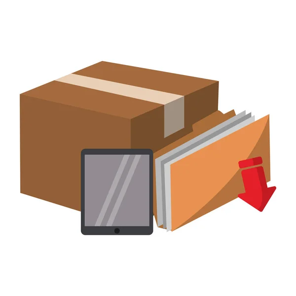 Tablette boîte de carton et dossier de téléchargement de fichiers — Image vectorielle