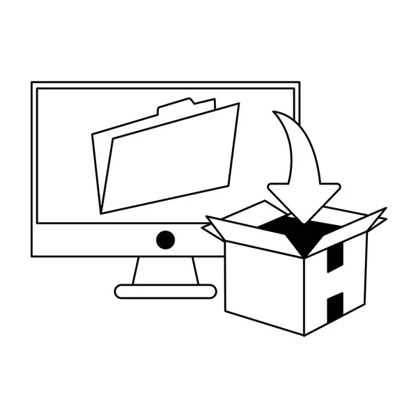 Ordenador con carpeta y caja de descarga en blanco y negro — Vector de stock