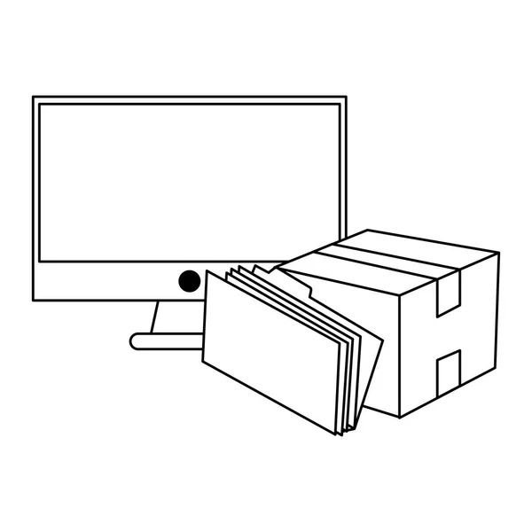 Ordenador y caja de cartón con carpeta en blanco y negro — Vector de stock