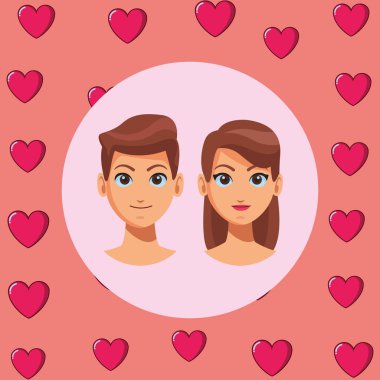 Genç çift aşık kalpler desen arka plan çizgi film vektör çizim grafik tasarım ile karşı karşıya