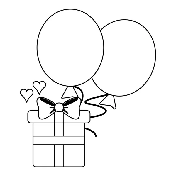 Romantic gift box with balloons black and white — Stock Vector