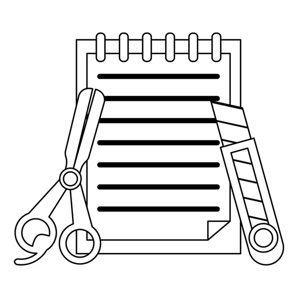 Notes avec ciseaux et scalpel noir et blanc — Image vectorielle