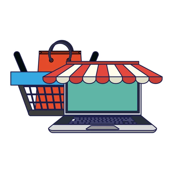 Compras online qirh laptop e cesta —  Vetores de Stock