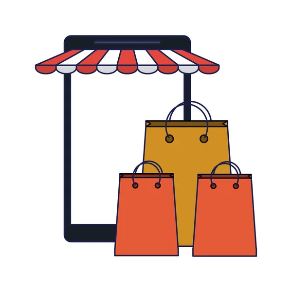 Boutique en ligne depuis smartphone et sacs à provisions — Image vectorielle