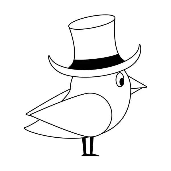 Carino uccello cartone animato e elfo cappello bianco e nero — Vettoriale Stock