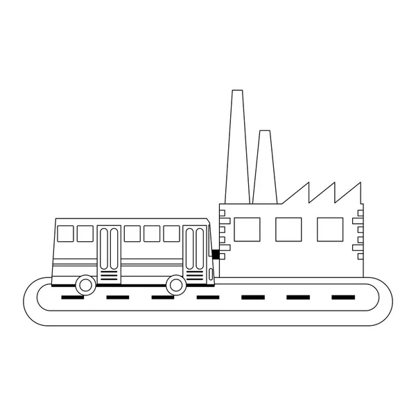 Ônibus e fábrica na rua preto e branco — Vetor de Stock