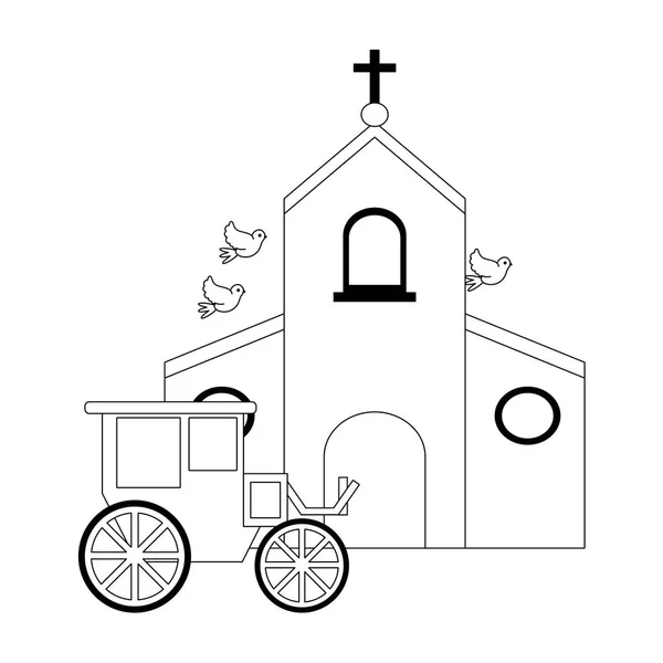 Kirche und Hochzeitswagen schwarz-weiß — Stockvektor