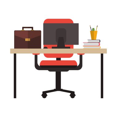 İş ve laptop evrak çantası ile ofis masası ve Kitaplar kalemler ile vektör çizim grafik tasarım