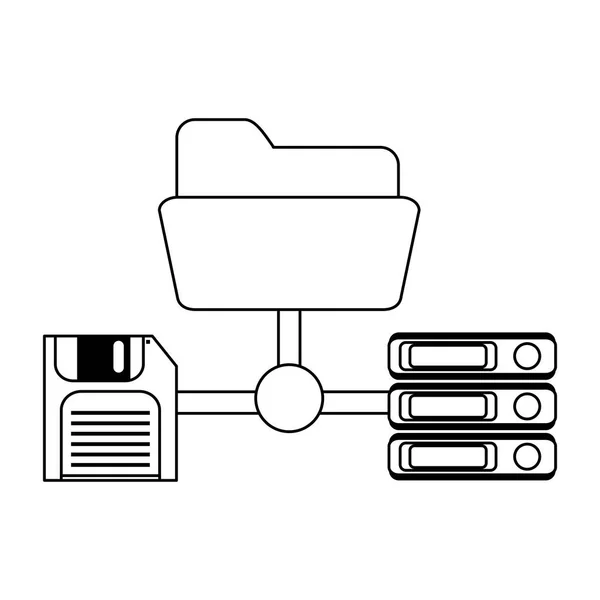Carpeta y base de datos con disquete en blanco y negro — Vector de stock