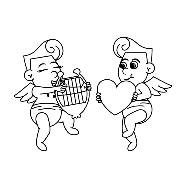 Cupidon avec harpe et cœur — Image vectorielle