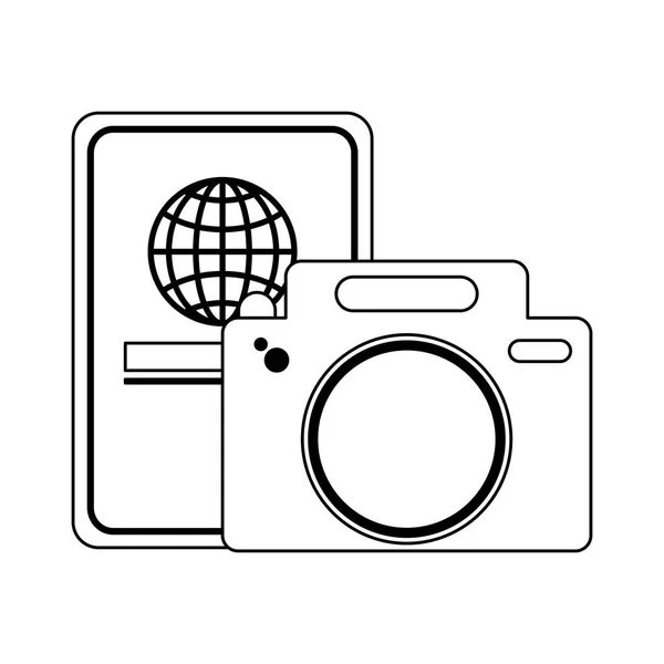 Pasaporte de viaje y cámara fotográfica en blanco y negro — Vector de stock