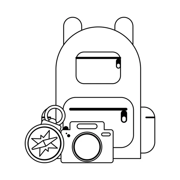Voyage sac à dos caméra et boussole en noir et blanc — Image vectorielle