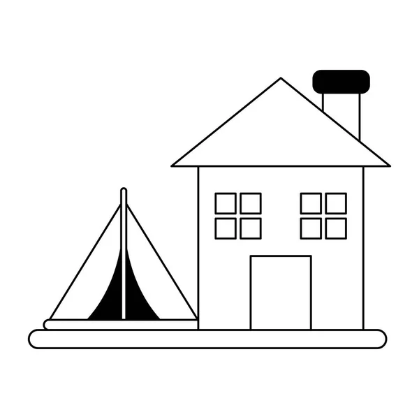 Dům a stan v černé a bílé — Stockový vektor