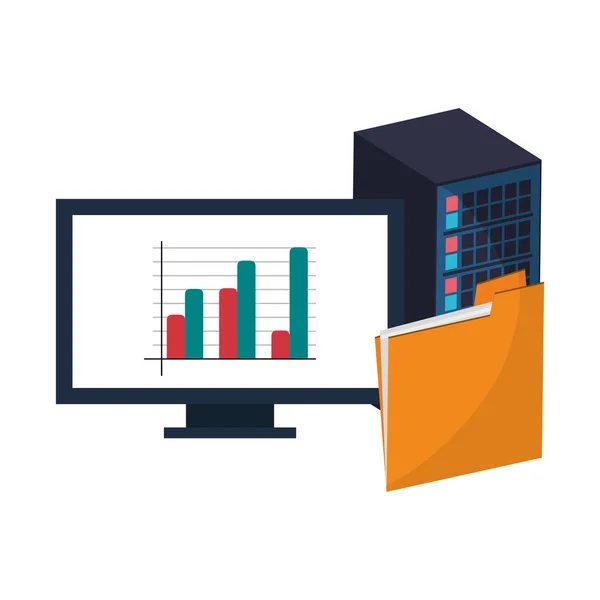 Computer con statistiche e cartelle — Vettoriale Stock