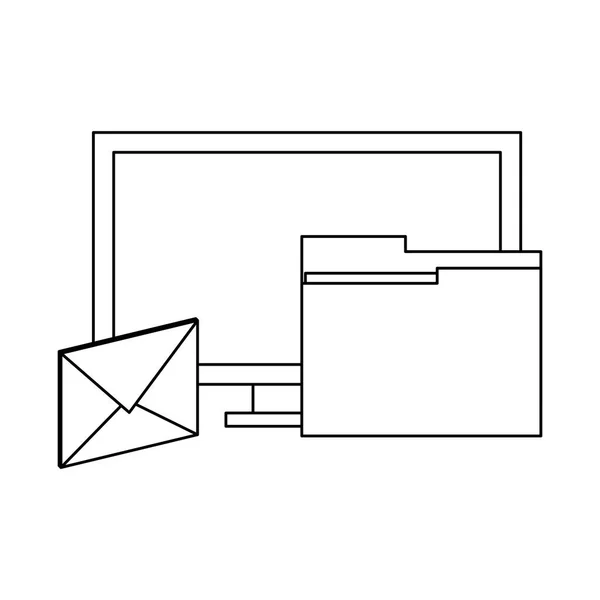 Pantalla del ordenador con carpeta y correo electrónico en blanco y negro — Archivo Imágenes Vectoriales