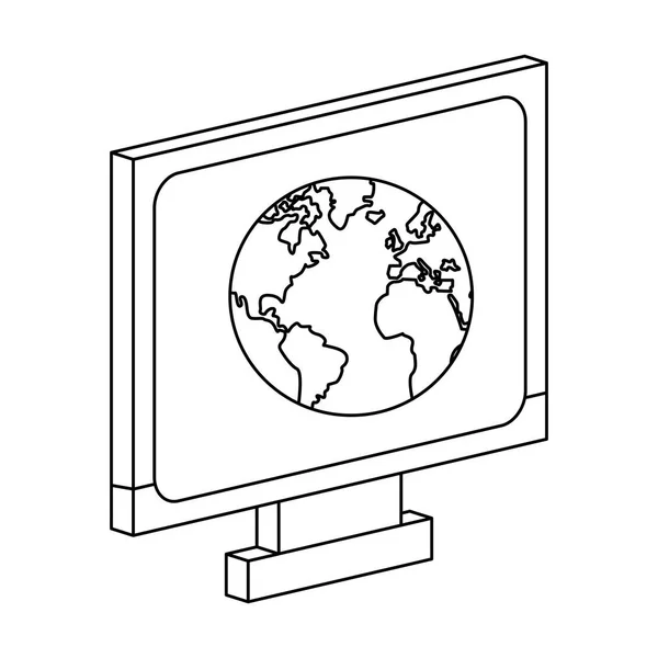 Ordenador con mundo en pantalla en blanco y negro — Archivo Imágenes Vectoriales