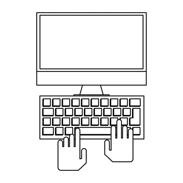 Ręce za pomocą komputera symbol czarno-białe — Wektor stockowy