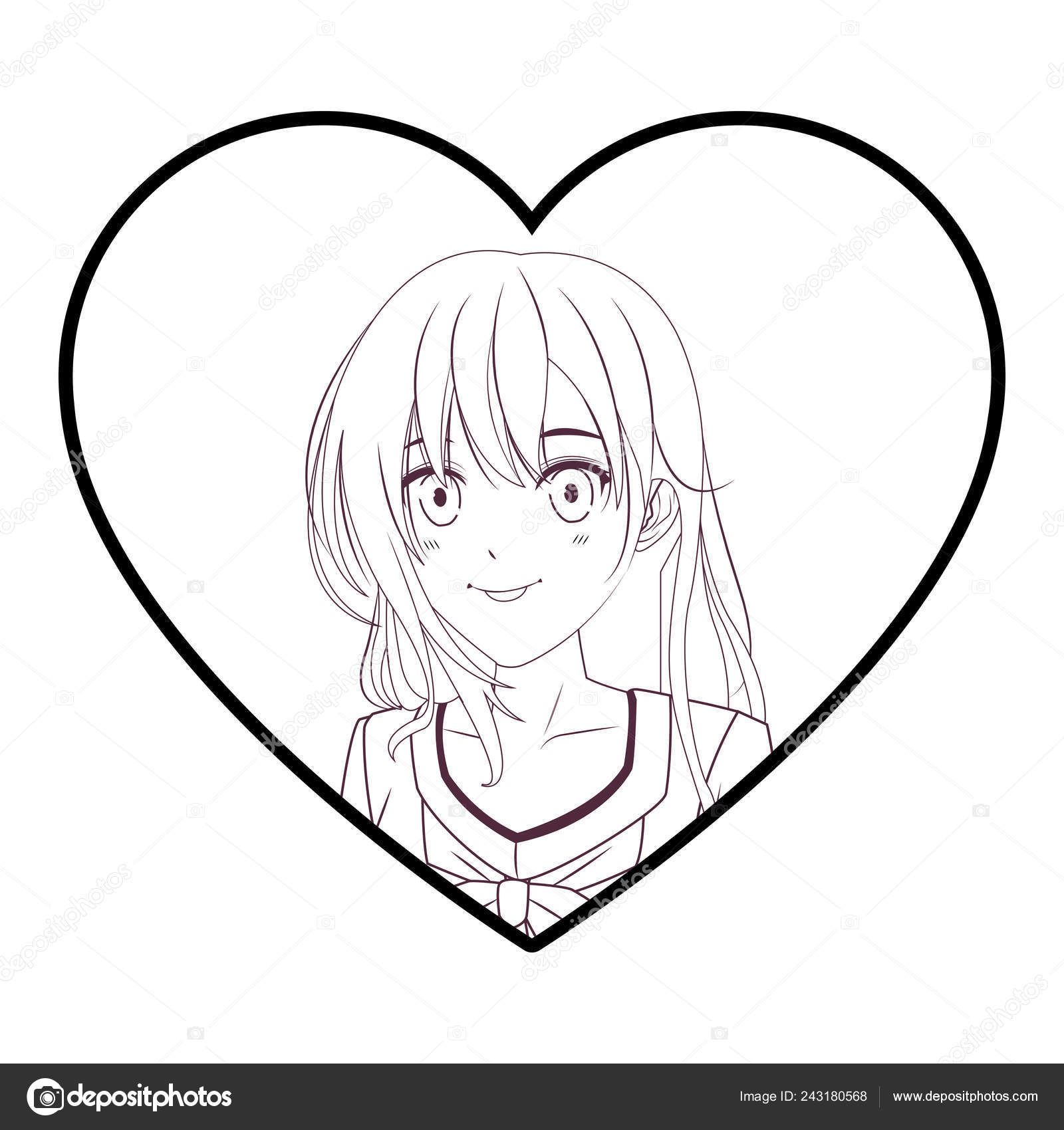 Vetor de Cute anime girl icon portrait. Contour vector