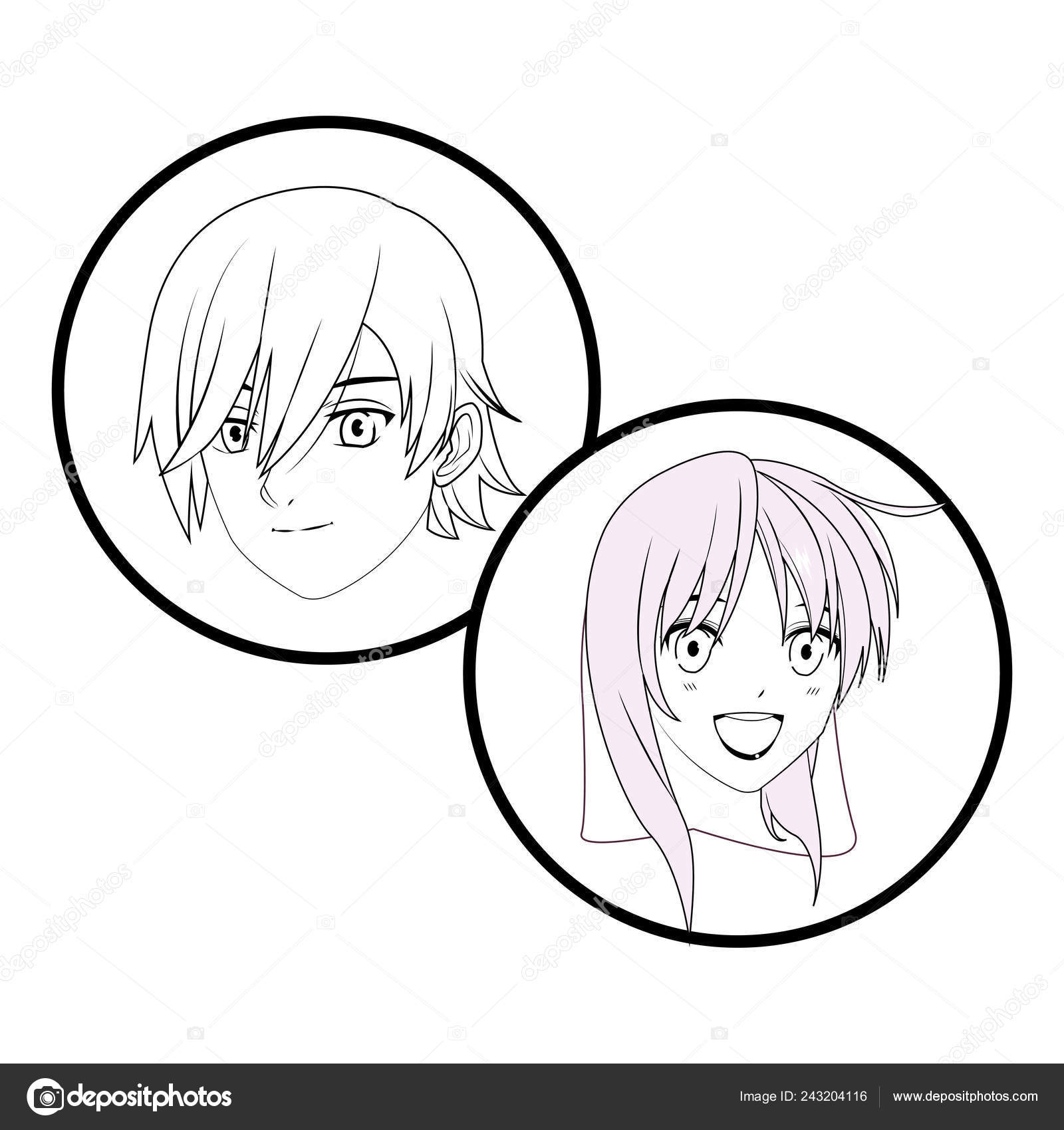 Jovem Casal Usando Máscaras De Rosto Anime Personagens Vector