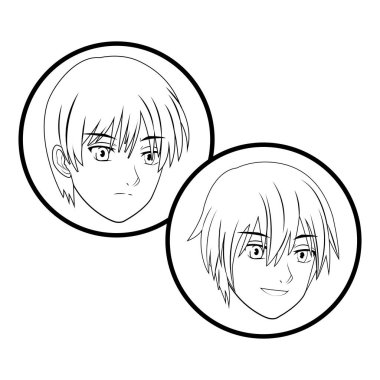 anime manga genç insanlar sadece yuvarlak simge siyah beyaz vektör çizim grafik tasarım yüz